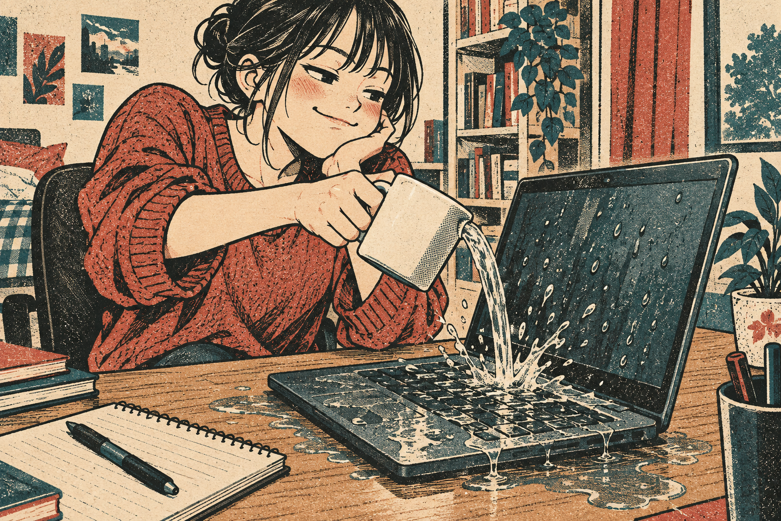 ノートPCに水をかけてしまい困る学生の漫画調イラスト
